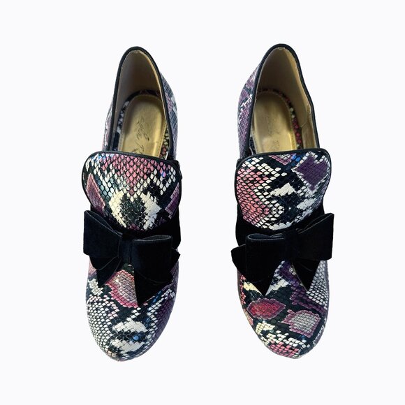 Lola Ramona Leather Snakeskin Pump Sz 10 Velvet Bow Purple Whimsigoth Y2K Pinup - Picture 5 of 10